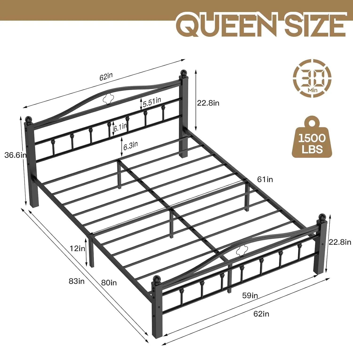 Queen Metal Bed Frame with Hea - Canopy Bed Frame Metal Queen 评论和价格