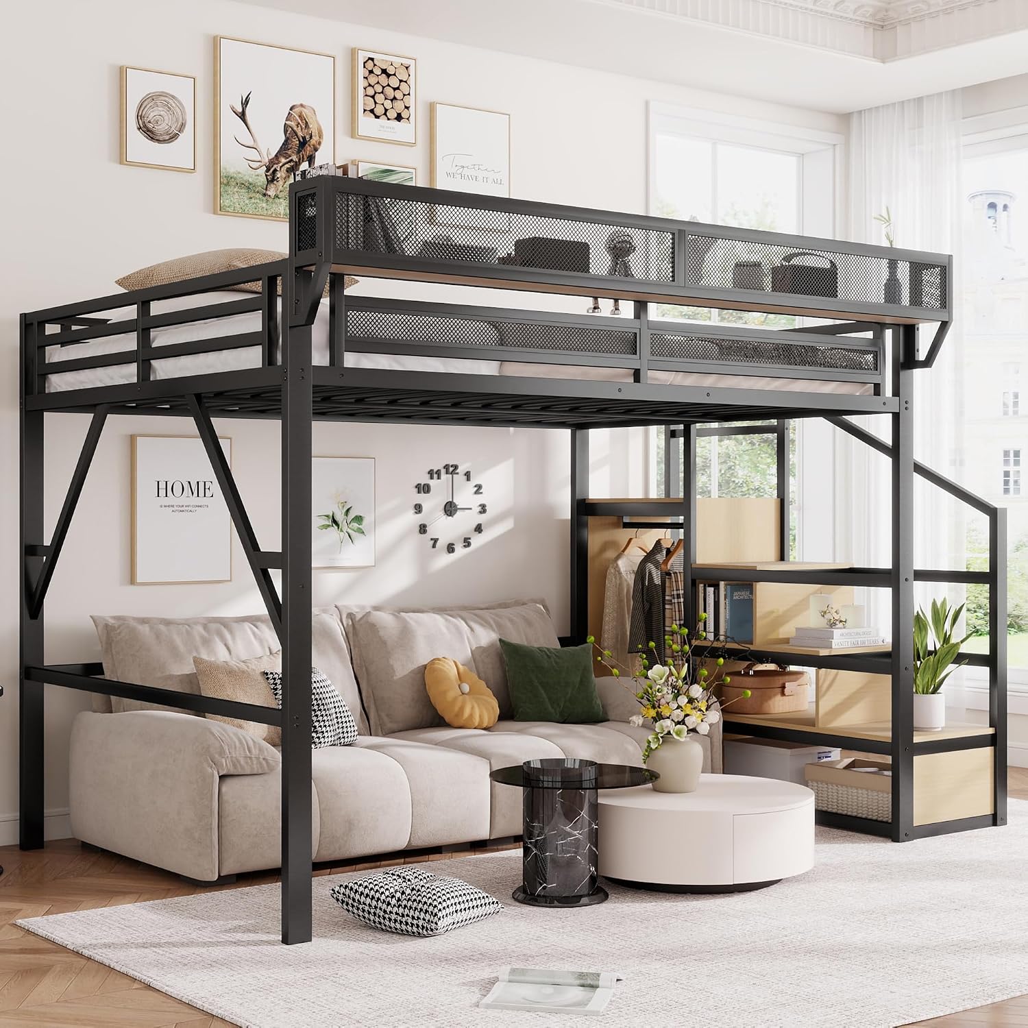 Queen Size Loft Bed with Stair - Canopy Bed Frame Metal Queen 评论和价格
